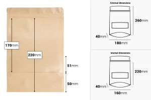 Σακουλάκια κραφτ τύπου Doy Pack 180x40x260 mm, με κλείσιμο zip, παράθυρο, εσωτερική και εξωτερική διάφανη επένδυση και δυνατότητα σφράγισης με θερμοκόλληση - 100 τμχ-εικόνα_διαστάσεις