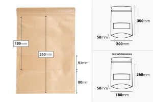 Σακουλάκια κραφτ τύπου Doy Pack 200x50x300 mm, με κλείσιμο zip, παράθυρο, εσωτερική και εξωτερική διάφανη επένδυση και δυνατότητα σφράγισης με θερμοκόλληση - 100 τμχ-εικόνα_διαστάσεις