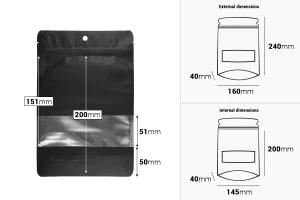 Doy Pack aluminum bags 160x40x240 mm with "zip" closure, hole, window and possibility of sealing with heat sealing - 100 pcs.-image_dimensions