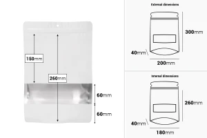 Doy Pack Beutel aus Aluminium, 200x40x300 mm, mit Reißverschluss, Sichtfenster und Heißsiegelmöglichkeit - 100 Stück.-bildabmessungen