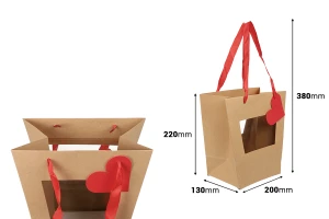 Χάρτινη τσάντα 200x130x220 mm για μπουκέτα και ανθοσυνθέσεις με παράθυρο, κόκκινη κορδέλα και καρτελάκι - 10 τμχ-εικόνα_διαστάσεις