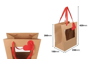 Qese letre 230x150x260 mm për buqeta dhe aranzhime lulesh me dritare, fjongo të kuqe dhe etiketë - 10 copë-imazh_dimensione