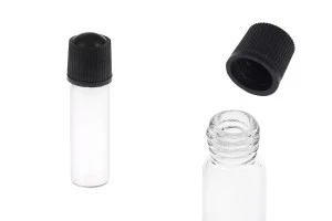 Γυάλινο μπουκαλάκι μινιατούρα 1 ml, 10x35 διάφανο με μαύρο, πλαστικό βιδωτό καπάκι-εικόνα_προϊοντική