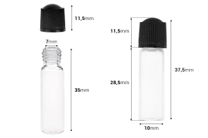 Γυάλινο μπουκαλάκι μινιατούρα 1 ml, 10x35 διάφανο με μαύρο, πλαστικό βιδωτό καπάκι-εικόνα_διαστάσεις