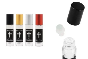 Roll on γυάλινο 10 ml με γυάλινη μπίλια, μαύρο τύπωμα "Μύρο Αγίου Όρους" και καπάκι αλουμινίου σε διάφορα χρώματα για εκκλησίες - μοναστήρια-εικόνα_προϊοντική