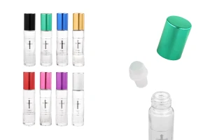 Roll-on γυάλινο, 10 ml διάφανο με γυάλινη μπίλια ασημί τύπωμα "Μύρο Αγίου Όρους" και καπάκι αλουμινίου σε διάφορα χρώματα για εκκλησίες - μοναστήρια-εικόνα_προϊοντική