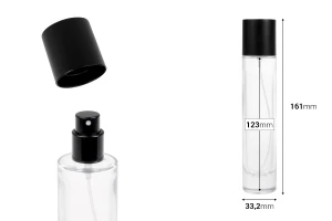 Flacon de parfum transparent de 50 ml avec vaporisateur et bouchon, disponible en plusieurs couleurs mates.-photo_dimensions