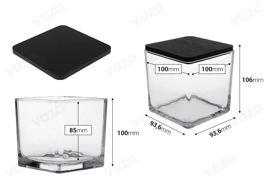 Glass decorative square jar 650 ml 100x100x100 mm with wooden lid for candle Glass decorative square jar 650 ml 100x100x100 mm with wooden lid for candle-image_dimensions