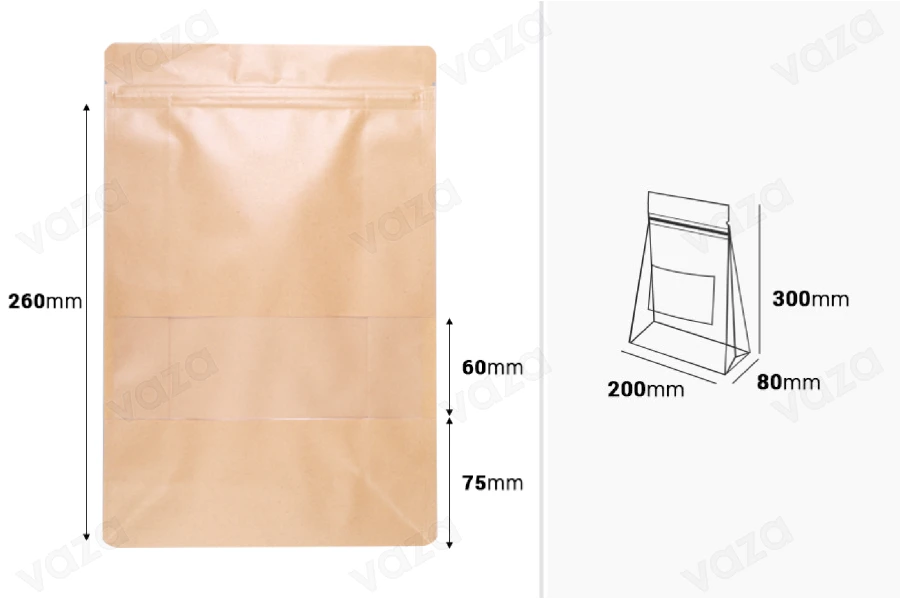 Σακουλάκια κραφτ τύπου Doy Pack  200x80x300 mm , με κλείσιμο "zip", παράθυρο, εσωτερική και εξωτερική διάφανη επένδυση και δυνατότητα σφράγισης με θερμοκόλληση- 50 τμχ-εικόνα_διαστάσεις