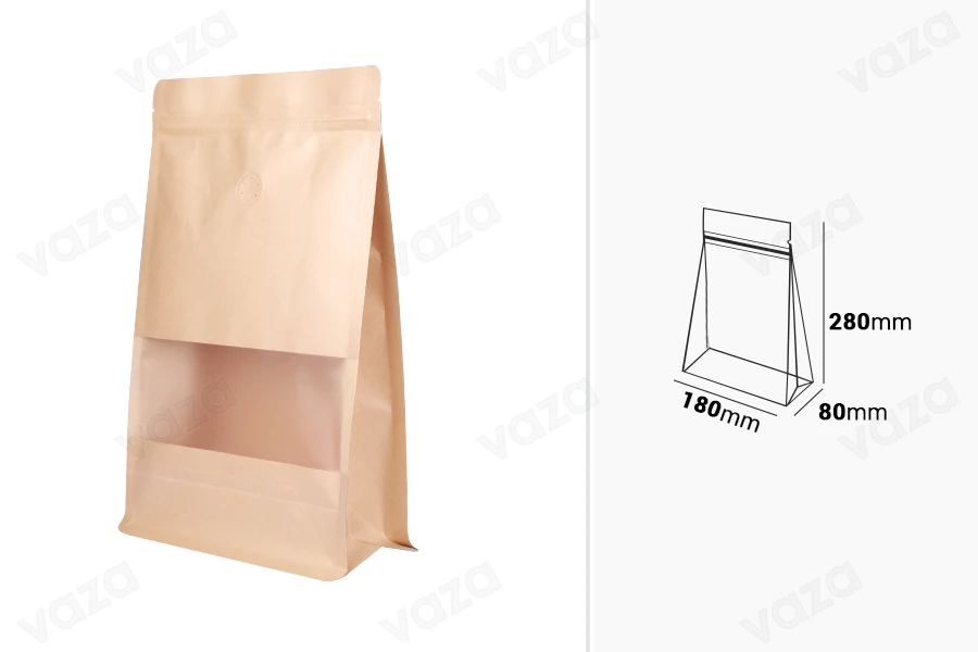 Doy Pack Kraft Bags 180x80x280 mm, with "zip" closure, valve, window, inner and outer clear lining and heat sealable - 25 pcs-image_dimensions