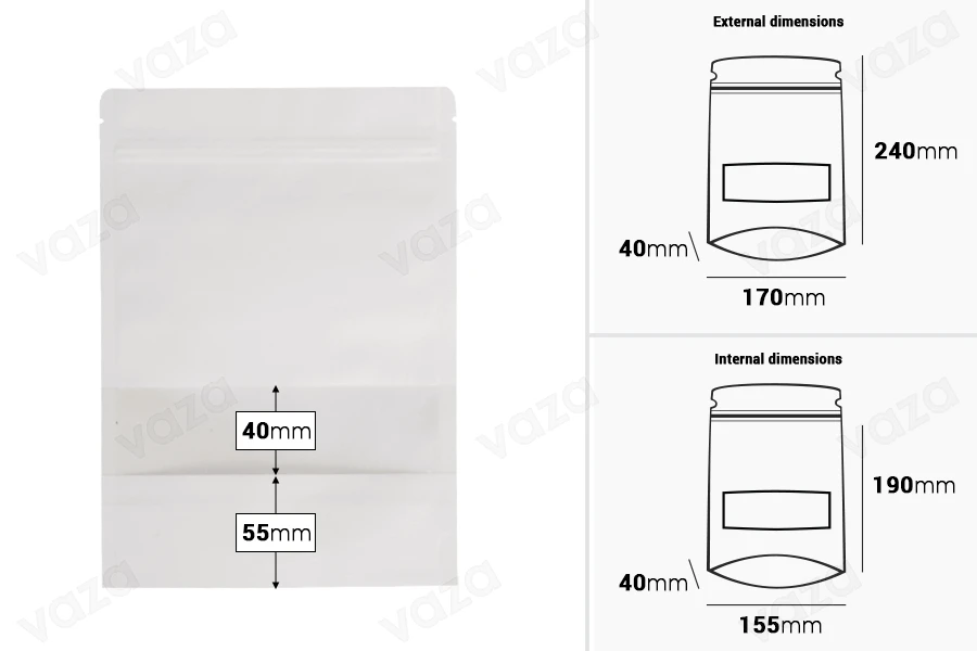 Doypack stand-up  170x40x240 mm pouch kraft in white color with zipper, window, heat sealable - 100 pcs-image_dimensions