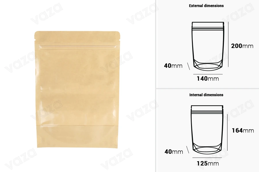 Qese të tipit Doypack 140x40x200 mm, pjesa e pasme kraft (14c), pjesa e përparme transparente (8c), me mbyllje me zip, me mbyllje termike- 100 copë-imazh_dimensione