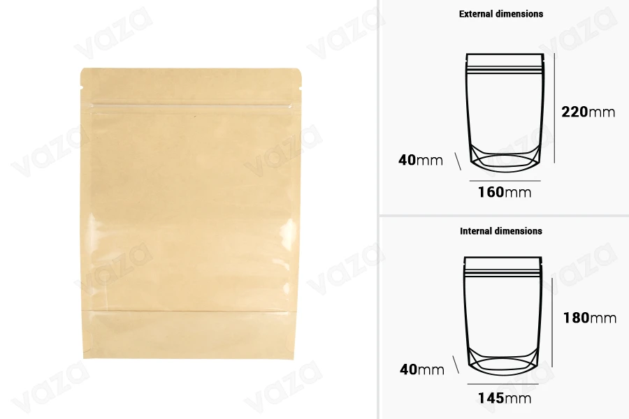 Qese të tipit Doypack 160x40x220 mm, pjesa e pasme kraft (14c), pjesa e përparme transparente (8c), me mbyllje me zip, me mbyllje termike- 100 copë-imazh_dimensione