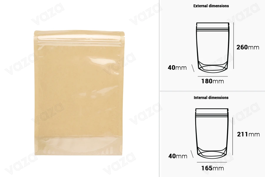 Buste tipo Doypack 180x40x260 mm, retro kraft (14c), fronte trasparente (8c), con chiusura a zip, termosaldabili - 100 pz.-dimensioni_immagine
