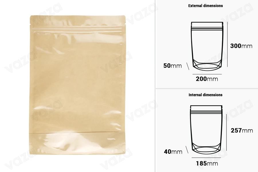 Qese të tipit Doypack 200x50x300 mm, pjesa e pasme kraft (14c), pjesa e përparme transparente (8c), me mbyllje me zip, me vulosje termike - 100 copë-imazh_dimensione
