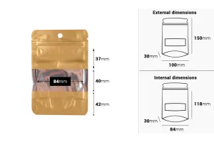 Doy Pack-Aluminiumbeutel 100x30x150mm mit Reißverschluss und Fenster und Möglichkeit zum Heißsiegeln - 100 Stück-2