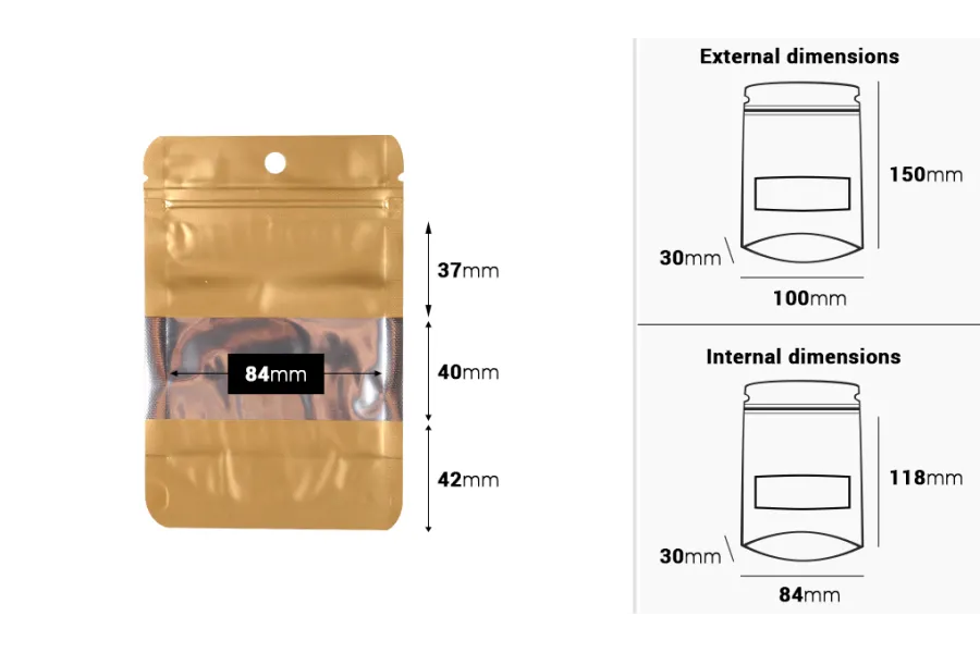 Σακουλάκια αλουμινίου τύπου Doy Pack 100x30x150 mm με κλείσιμο "zip", παράθυρο και δυνατότητα σφράγισης με θερμοκόλληση - 100 τμχ Σακουλάκια αλουμινίου τύπου Doy Pack 100x30x150 mm με κλείσιμο "zip", παράθυρο και δυνατότητα σφράγισης με θερμοκόλληση - 100 τμχ