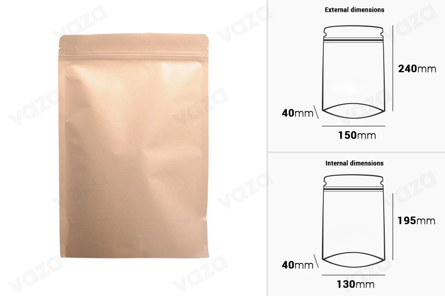Sacchetti in carta kraft tipo Doy Pack, con chiusura a zip, fodera interna in alluminio e possibilità di sigillare con termosaldatura 150x40x240 mm – 50 pz Sacchetti in carta kraft tipo Doy Pack, con chiusura a zip, fodera interna in alluminio e possibilità di sigillare con termosaldatura 150x40x240 mm – 50 pz-εικόνα_διαστάσεις