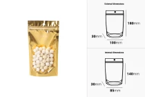 Σακουλάκια τύπου Doy Pack 100x30x180 mm αλουμινίου με χρυσή πίσω πλευρά, διάφανο μπροστά με κλείσιμο "zip" και δυνατότητα σφράγισης με θερμοκόλληση - 100 τμχ