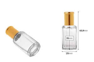 Roll on γυάλινο εξάγωνο μπουκαλάκι 10 ml με μεταλλική μπίλια και χρυσό καπάκι-εικόνα_διαστάσεις