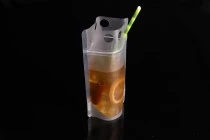 Doypack stand-up pouch packaging 350 ml transparent with zipper and holes for a drinking straw and carrying around Doypack stand-up pouch packaging 350 ml transparent with zipper and holes for a drinking straw and carrying around